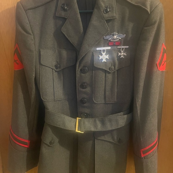 Black Military Style Jacket with Insignia and Belt - Picture 1 of 11